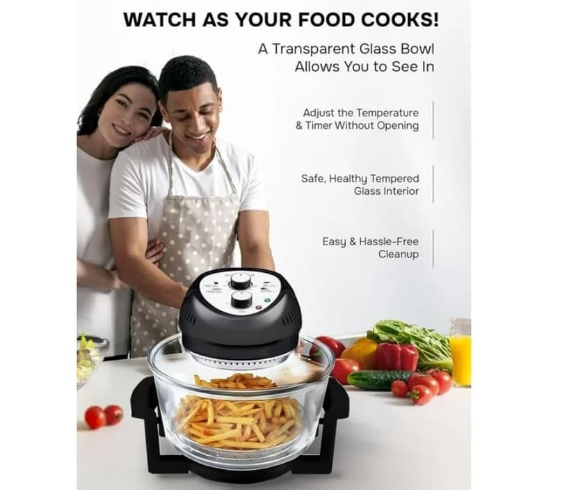 Air Fryer Toaster Oven Combo 16Qt Kitchen Countertop Convection Rotisserie 1300W Large Glass Bowl Black
