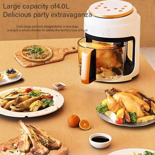 Glass Air Fryer,1100W 4.2Qt Smart Compact Air Fryers,360° Viewing Window,3d Three-Dimensional Hot Air Circulation Evenly,Cooks Quickly, 95% Less Oil for Healthier Meals, Easy To Clean,White