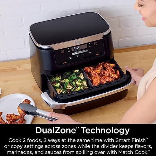 Ninja DZ071 Foodi 6-in-1 DualZone FlexBasket Air Fryer with 7-QT MegaZone & Basket Divider, Large Proteins & Full Meals, Smart Finish Cook 2 Foods 2 Ways, Large Capacity, Air Fry, Bake & More, Black (Renewed)