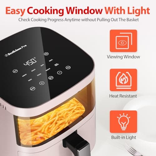 Air Fryer, Beelicious 8-In-One Smart Compact 4QT Air Fryers, with Viewing Window, Shake Reminder, 450°F Digital Airfryer with Flavor-Lock Tech, Dishwasher-Safe & Nonstick, Fit for 1-3 People, Pink