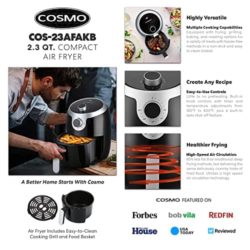 COSMO COS-23AFAKB 2.3 Quart Electric Small Air Fryer with Temperature Control, Timer, Auto Shut-Off, Non-Stick Frying Tray, 1000W Compact Mini Air Fryer (2.3 Quarts, Stainless Steel/Black)