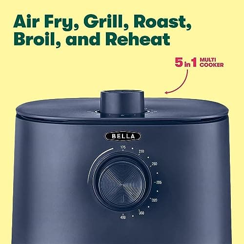BELLA 3 Qt Manual Air Fryer Oven and 5-in-1 Multicooker with Removable Nonstick and Dishwasher Safe Crisping Tray and Basket, 1400 Watt Heating System, Matte Blue