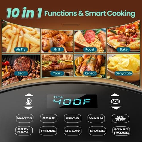 Nuwave Brio 10-in-1 Air Fryer, 6 QT Airfryer Capacity with Smart Probe, Roast Grill Bake for Fast Meals, One-Touch Digital Controls, Powerful 1800W Fryer, 100 Recipes, Removable Divider & Grill Pan