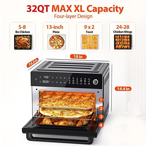 Aeitto® 32-Quart PRO Large Air Fryer Oven| Toaster Oven Combo | with Rotisserie, Dehydrator and Full Accessories | 19-In-1 Digital Airfryer | Fit 13" Pizza, 9pcs Toast, 1800w, Black