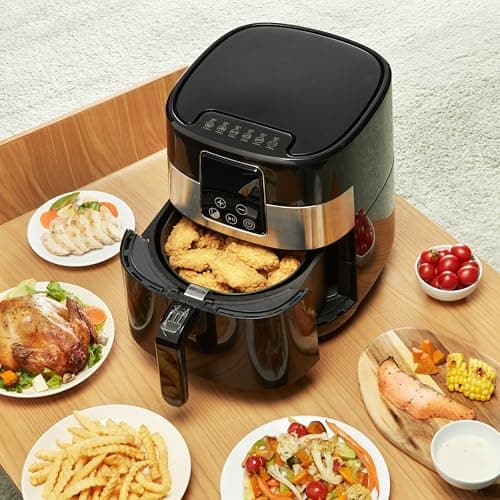 Amazon Basics 3.2 Quart 6-In-1 Air Fryer (Fry, Crisp, Roast, Bake, Reheat, Dehydrate), Non-Stick, with Timer, Auto Shut-Off, Digital Touch Screen, Up to 400°F , 1400W, Black/Silver