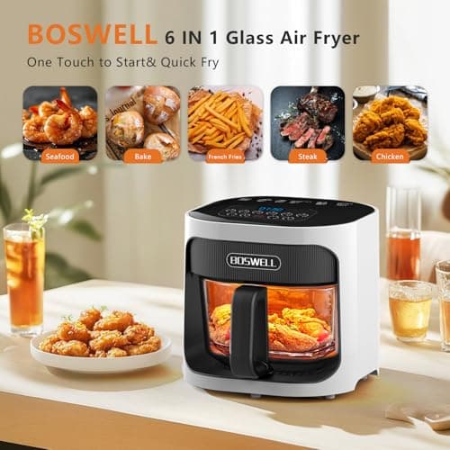 BOSWELL 4.5QT Glass Air Fryer, 6-in-1 Air Fryer with Transparent Fry Bowl, Circulating Air Heating, Bake, Broil, Air Fry, Temperature Control, Dishwasher Safe (White)