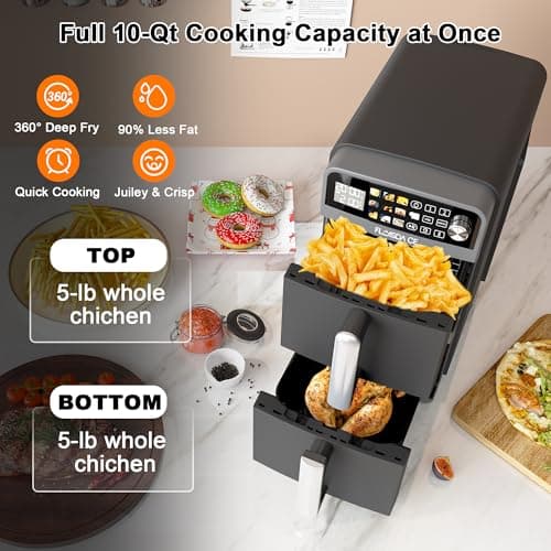 10-QT Dual Large Air Fryer, XL 2-Basket Air Fryer, 10-in-1 Technology Double Cooks 4 Foods at Once, Smart Finish & Match Cook, Air Fry, Broil,Bake, Easy Meals, Easy Clean and Dishwasher Safe, Black.