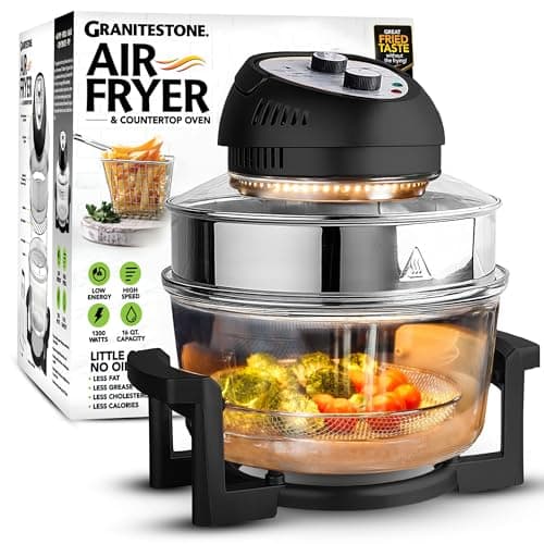 16Qt Large Glass Air Fryer Non Toxic – Family Sized Large Halogen Oven Cooker with 3 Cooking Sections, Stainless Steel Racks, French Fries, Chicken, No Preheat, Self Cleaning, Dishwasher Safe