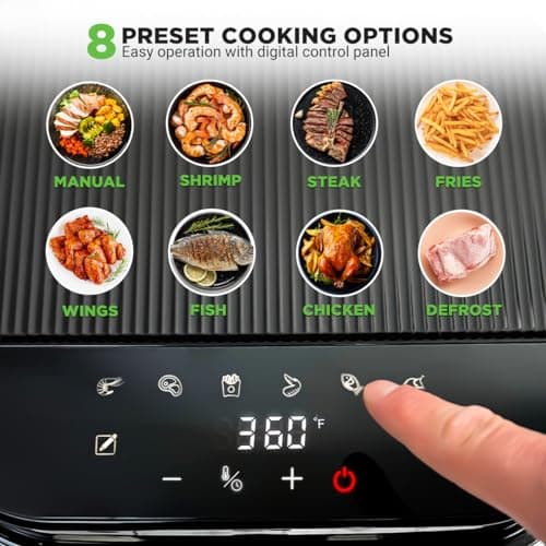 Nutrichef 5.8 Quart Air Fryer 8-1 Preset Cook Modes Transparent Fry Bowl for Best Cooking Results Cook Shrimp, Steak, Fries, Wings, Chicken & More Precise Temperature Control & Time Black