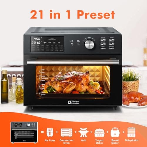 Kitchen in the box 32QT Extra Large Air Fryer Toaster Oven Combo, 21-in-1 Countertop Convection Toaster Oven with Rotisserie and Dehydrate, 6 Accessories, 1800W Dual Cook Preset (Classic Black)