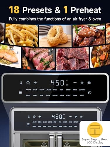 Air Fryer French Door Oven,15.8 Qt Toaster Oven Countertop Combo,18 Presets & 1 Preheat & Light, Airfryer Basket,Wire Rack,Baking Pan,Crumb Tray,Compact Design,Stainless Steel,Small