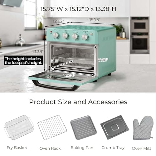 SIMOE 19QT Oven & Toaster, Retro Air Fryer + Convection Toaster Oven, 7 in 1 Combo with Bake, Toast, Broil & Warm Options, 5 Accessories & Recipe Book, Stainless Steel, 1550W, (Turquoise)