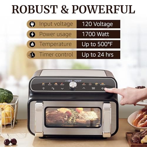 Elite Gourmet EAF2411G Digital Indoor Grill/Air Fryer Oven, 11L Capacity, Grill Rack, 8 Presets, Bake, Roast, Broil, Dehydrate, 1700-Watts, 25 Delicious Recipes, Stainless-Steel/Black