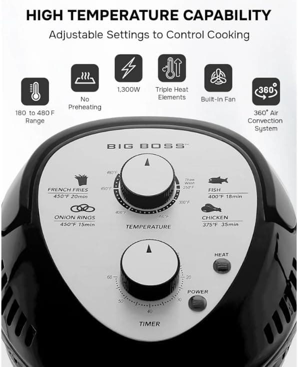 Air Fryer Toaster Oven Combo 16Qt Kitchen Countertop Convection Rotisserie 1300W Large Glass Bowl Black