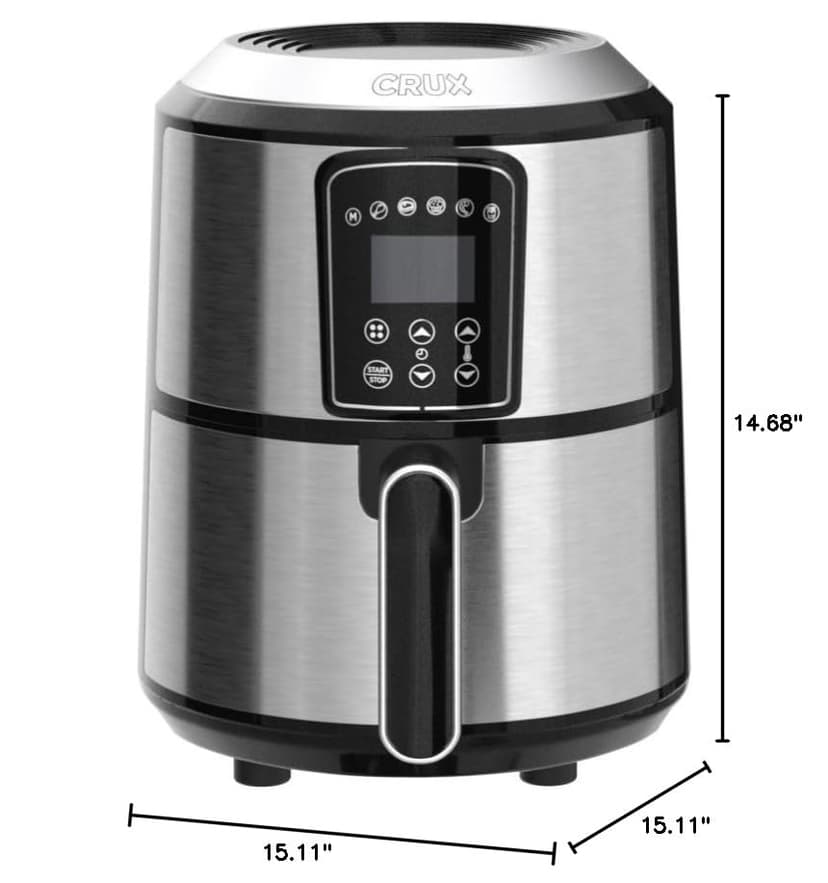 Crux 3QT Digital Air Fryer, Faster Pre-Heat, No-Oil Frying, Fast Healthy Evenly Cooked Meal Every Time, Dishwasher Safe Non Stick Pan and Crisping Tray for Easy Clean Up, Stainless Steel