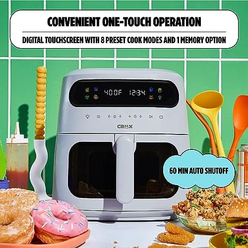 CRUX x Marshmello 8.0 QT Digital Air Fryer with TurboCrisp Technology, Touch Screen Temperature Control, Timer and Auto Shut-off, Fully Programmable, White