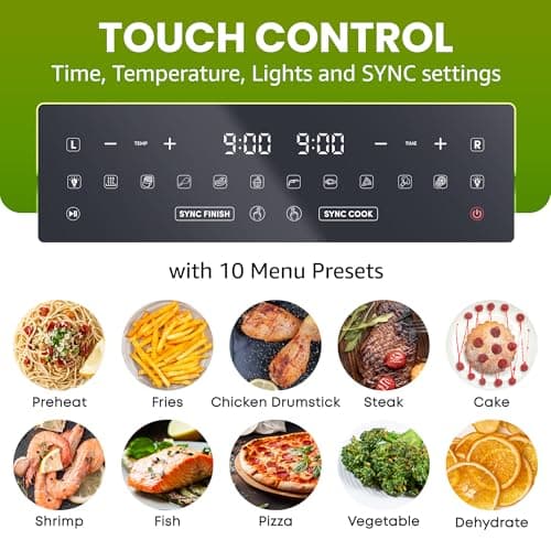 Elite Gourmet EAF1055D Dual Zone Air Fryer Oven, 11QT. Capacity with Divider, Sync Finish, Dishwasher Safe Basket, 10 Preset Functions, 1600-Watts, with Recipe Booklet, Black