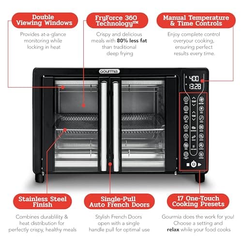Gourmia Toaster Oven Air Fryer Combo 17 cooking presets 1700W french door digital air fryer oven 24L capacity accessories, convection rack, baking pan tray recipe book GTF7460,Large,Black