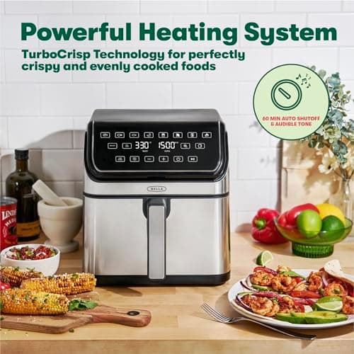 bella 8 Qt Digital Air Fryer with TurboCrisp Technology, Large Family Size Nonstick Cooking Basket and Crisping Tray, Multiple Preset Functions, Auto Shutoff, Stainless Steel, 1750 Watt
