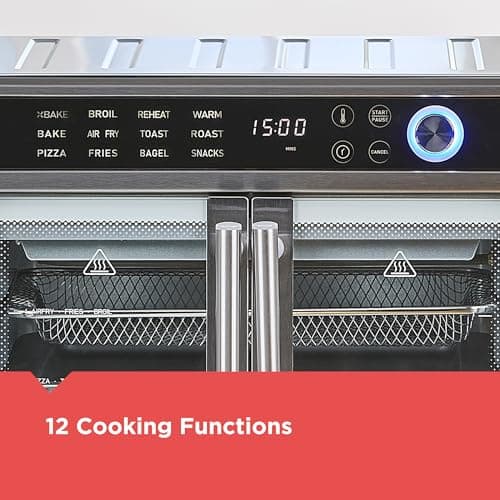 BLACK+DECKER Crisp 'N Bake Air Fryer Toaster Oven Combo, 12 in 1 Countertop Convection Oven Cooks Food Fast, Fits a Whole Pizza or 6 Toast Slices, French Doors with Stainless Steel Finish