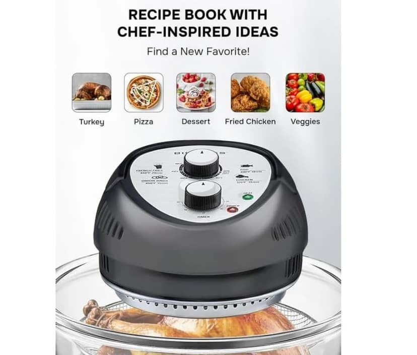 Air Fryer Toaster Oven Combo 16Qt Kitchen Countertop Convection Rotisserie 1300W Large Glass Bowl Black