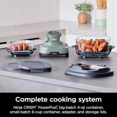 Ninja Crispi Air Fryer, Microwave, Freezer & Dishwasher Safe, Non Toxic Glass Portable Cooking System, 4 QT & 6 Cup Glass Containers with Storage Lids, Easy Meals, Air Fry, Bake, Green, FN101SG