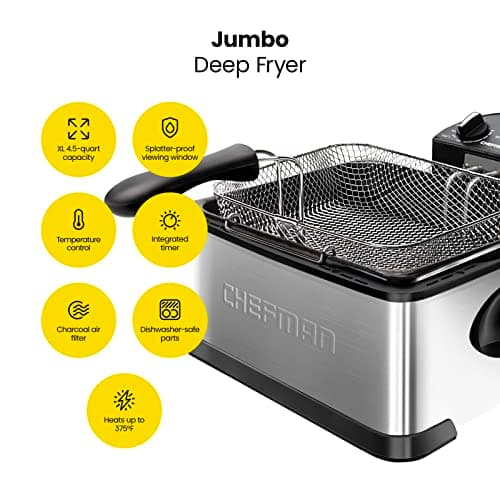 Chefman 4.5 Liter Deep Fryer w/Basket Strainer, XL Jumbo Size, Adjustable Temperature & Timer, Perfect for Fried Chicken, Shrimp, French Fries, Chips & More, Removable Oil-Container, Stainless Steel
