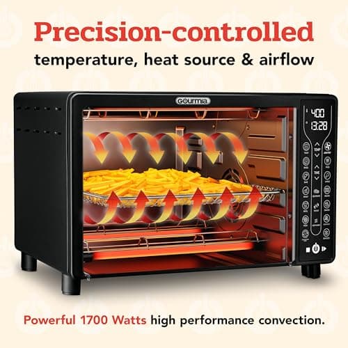 Gourmia Toaster Oven Air Fryer Combo 17 cooking presets 1700W french door digital air fryer oven 24L capacity accessories, convection rack, baking pan tray recipe book GTF7460,Large,Black