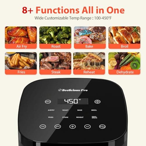 Air Fryer, Beelicious 8-in-1 Smart Compact 4QT Air Fryers, Shake Reminder, 450°F Digital Airfryer with Flavor-Lock Tech, Tempered Glass Display, Dishwasher-Safe & Nonstick, Fit for 1-3 People,Black
