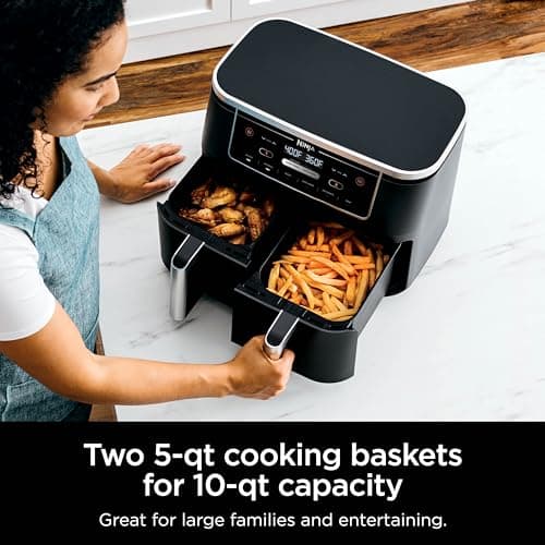 Ninja | Air Fryer | Finish Cooking Multiple Foods at the Same Time | 6-in-1 (Air Fry, Broil, Roast, Keep Warm, Dehydrate, Bake) | Fit up to 8lb Chicken Wings in the two 5 QT Baskets | DZ302