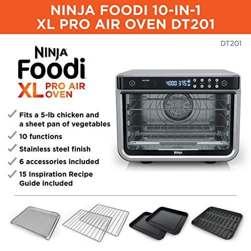 Ninja Air Fryer and Toaster Oven, Foodi Series, XL Pro Air Oven Kitchen Countertop Convection, 10-in-1 Functions, Fits a 5-lb Chicken and Sheet Pan of Vegetables, 1800 Watts, Stainless Steel, DT201