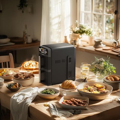 10-QT Dual Large Air Fryer, XL 2-Basket Air Fryer, 10-in-1 Technology Double Cooks 4 Foods at Once, Smart Finish & Match Cook, Air Fry, Broil,Bake, Easy Meals, Easy Clean and Dishwasher Safe, Black.