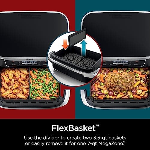 Ninja DZ071 Foodi 6-in-1 DualZone FlexBasket Air Fryer with 7-QT MegaZone & Basket Divider, Large Proteins & Full Meals, Smart Finish Cook 2 Foods 2 Ways, Large Capacity, Air Fry, Bake & More, Black (Renewed)