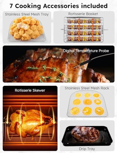 Nuwave Brio Air Fryer Oven, 15.5Qt X-Large Family Size, SS Rotisserie Basket &-Skewer Kit, Powerful 1800W, 50F-425F Temp Controls, Integrated Smart Thermometer
