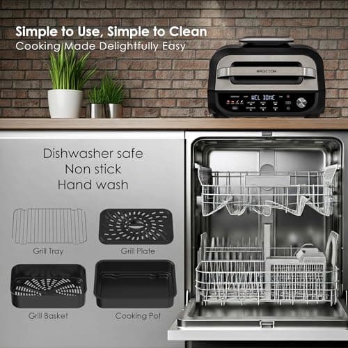 MAGiC COM Indoor Grill and Air Fryer, 7-in-1 Electric Grill with Steak, Roast, Air Crisp, Bake, Dehydrate, Pizza and Reheat. Smart Thermometer, Non-Stick, Dishwasher Safe/Black