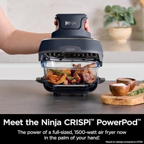Ninja Crispi 4-in-1 Portable Glass Air Fryer Cooking System, 4QT & 6 Cup Glass Containers with Storage Lids, Easy Meals, Microwave, Freezer & Dishwasher Safe, Air Fry, Bake & More, Cyberspace, FN101GY