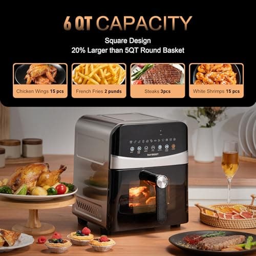 Air Fryer Stainless Steel with Window, DAYBEST 6QT Ceramic Airfryer Non Toxic with Up & Down Heats 1700W Max 450°F, 12 Presets/DIY, Dishwasher Safe Non Stick Basket and Pan (Stainless Steel)