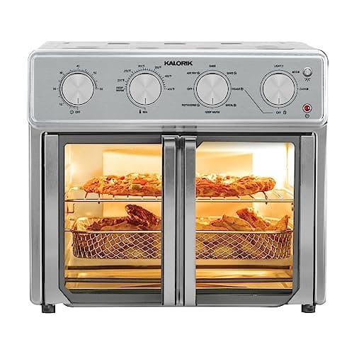 Kalorik MAXX Air Fryer Oven, 26 Quart 9-in-1 Countertop Toaster Oven and Air Fryer Combo - Fry, Bake, Roast, Rotisserie, & More, Large Glass French Doors & 7 Accessories, 1700-Watts, Stainless Steel