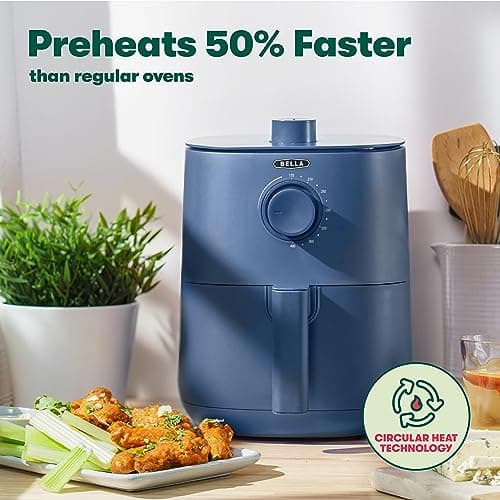 BELLA 3 Qt Manual Air Fryer Oven and 5-in-1 Multicooker with Removable Nonstick and Dishwasher Safe Crisping Tray and Basket, 1400 Watt Heating System, Matte Blue