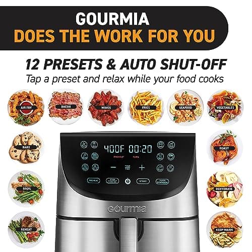 Gourmia Air Fryer Oven Digital Display 8 Quart Large AirFryer Cooker 12 Touch Cooking Presets, XL Air Fryer Basket 1700w Power Multifunction GAF856 Black and Stainless stainless steel air fryer