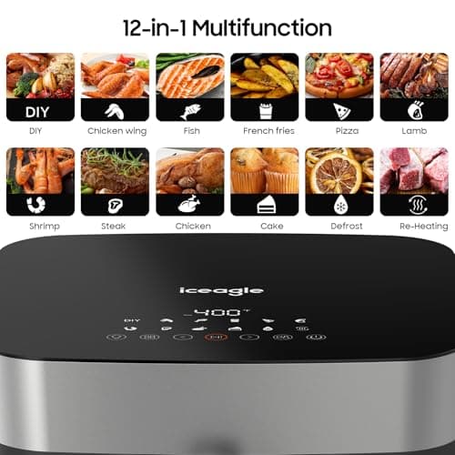 Iceagle Stainless Steel Air Fryer 9 Quart - Airfryer XXL with Large Viewing Window, Dual Heating Elements, 12-in-1 Function to Roast, Bake, Broil, Defrost, Reheat, Dishwasher-Safe Parts, 1700W, Siver