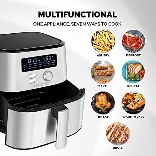 Kalorik MAXX® Digital Air Fryer FT 47823 BKSS | 6-Quart Oilless Air Fryer with 7 Cooking Functions | LED Display | 21 Smart Presets | 5 Dishwasher-Safe Accessories & Bonus Recipe Book | Nonstick Air Frying Basket | 1750W | Stainless Steel & Black