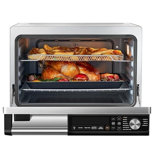 COSORI Ceramic Air Fryer Toaster Oven Combo, 11-in-1 Flat-Sealed Heating Elements for Easy Cleanup, Innovative Burner Function, 6 Accessories & Recipes, 26QT, Silver, Stainless Steel