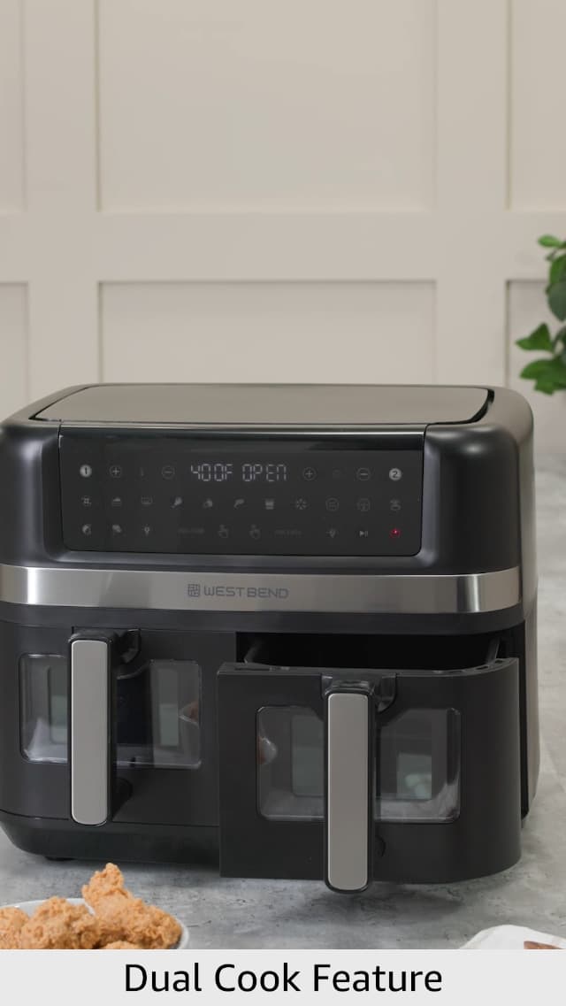 West Bend Air Fryer Dual Basket 10-Quart Capacity with Digital Controls View Windows and 15 Cooking Presets, Nonstick Frying Baskets, Dual Zone Features, 1600-Watts, Black