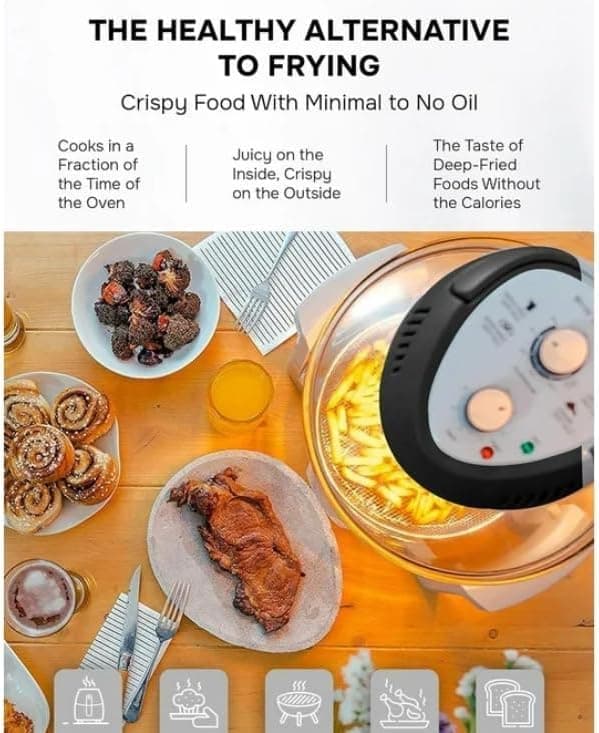 Air Fryer Toaster Oven Combo 16Qt Kitchen Countertop Convection Rotisserie 1300W Large Glass Bowl Black