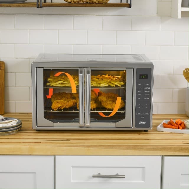 Oster Air Fryer Oven, 10-in-1 Countertop Toaster, Large Enough for 2 Pizzas, Stainless Steel French Doors, XL Sized