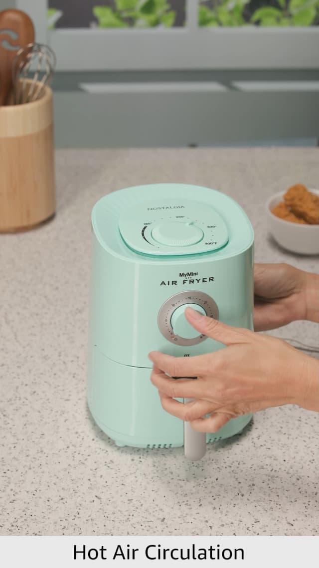 Nostalgia Personal Air Fryer 1-Quart, Compact Space Saving, Adjustable 30 Minute Timer and Temperature Up To 400℉, Non-Stick Dishwasher Safe Basket, Portion Control, Aqua