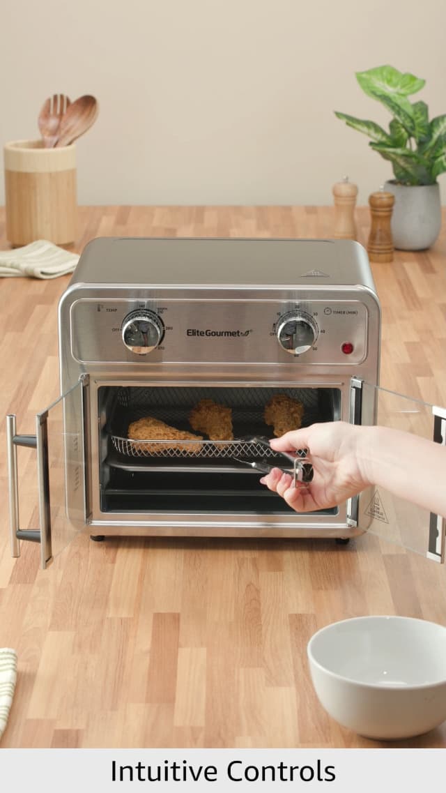 Elite Gourmet EAF1222SS Air Fryer Oven Double French Doors, Bake, Grill, Roast, Broil, Rotisserie, Toast, Warm, Air Fry, Dehydrate, 1500 Watts, with 25 Recipes, 12L. Capacity, Stainless Steel
