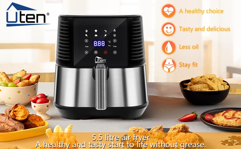 5.5L Air Fryer, Electric Oilless Cooker with LED Digital Touchscreen, 7 in 1 Uten Hot Oven Cooker, 6 Quart Large Stainless Steel Non-Stick Air Frier Pot, 1700W(Silver Black)