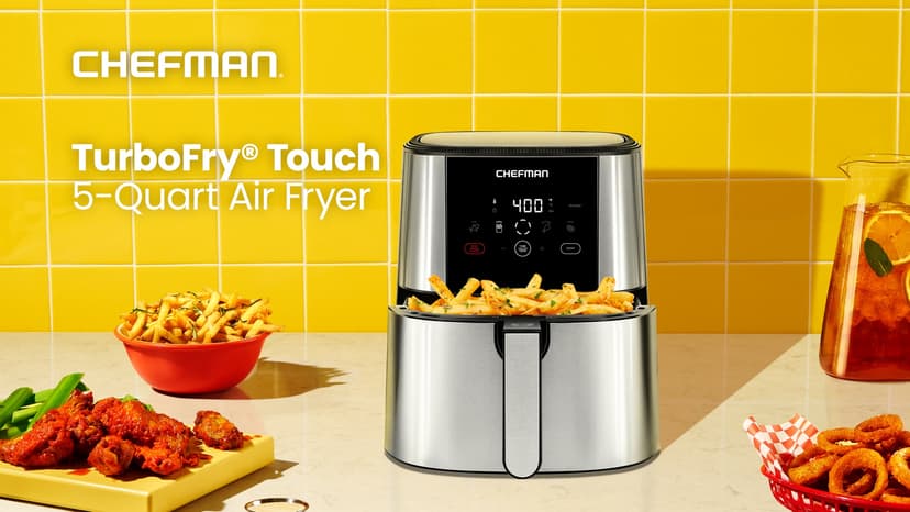 Chefman TurboFry Touch Air Fryer, Large 5-Quart Family Size, One Touch Digital Control Presets, French Fries, Chicken, Meat, Fish, Nonstick Dishwasher-Safe Parts, Automatic Shutoff, Stainless Steel